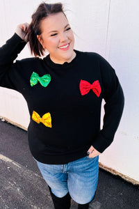 Making Spirits Bright Black Multicolor Sequin Bow Knit Sweater