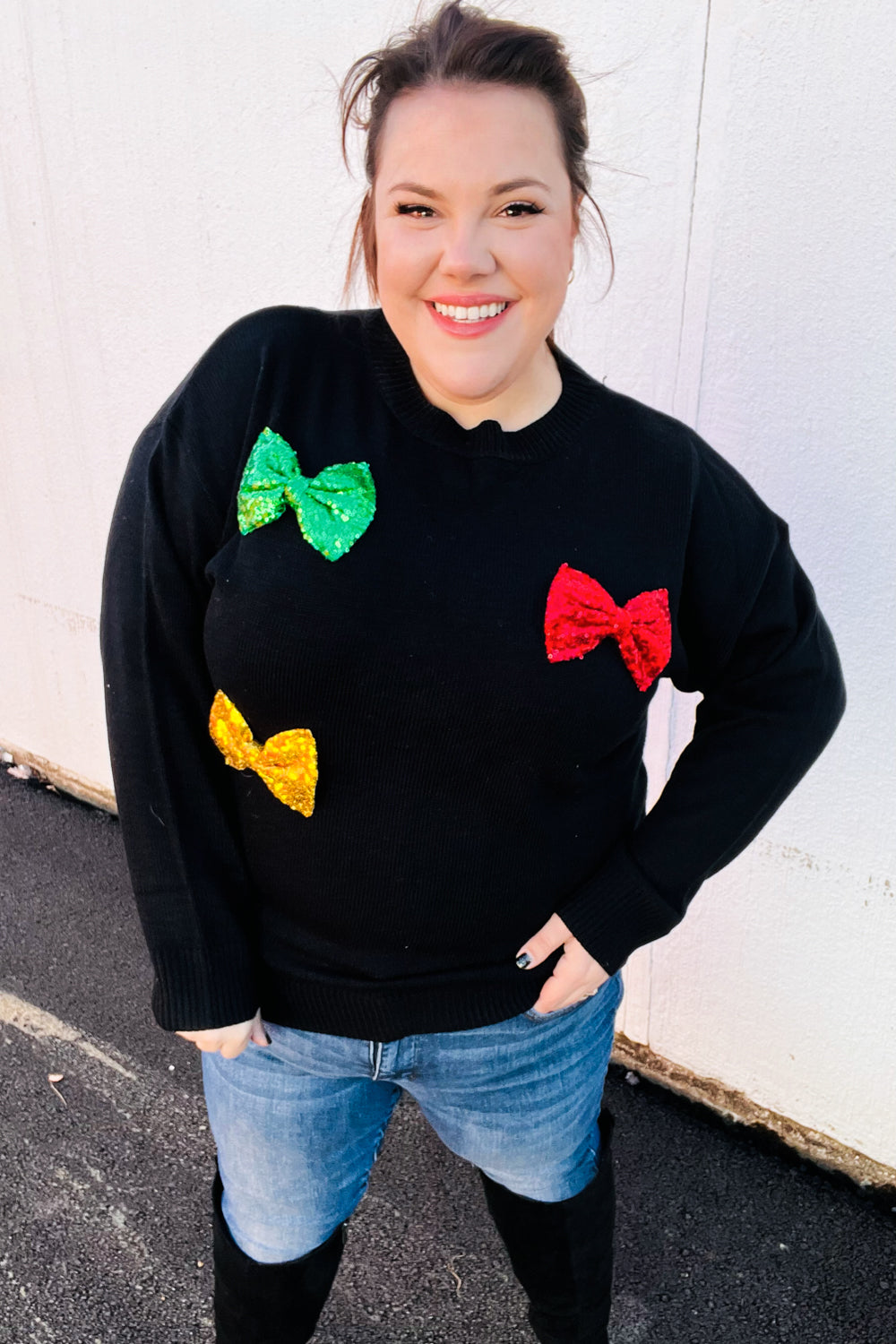 Making Spirits Bright Black Multicolor Sequin Bow Knit Sweater