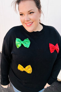 Making Spirits Bright Black Multicolor Sequin Bow Knit Sweater