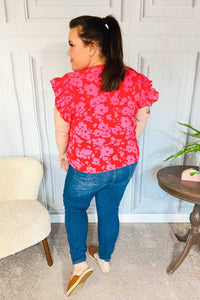 All The Frills Floral Smocked Ruffle Sleeve Top in Red & Fuchsia
