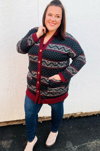 Classic Burgundy Holiday Print Button Cardigan