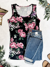 Load image into Gallery viewer, Luxe Crew Tank - Black and Mauve Floral | Women&#39;s Tank Top
