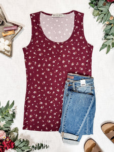 Luxe Crew Tank Top - Micro Burgundy Floral