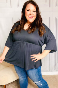Easy To Love Babydoll Dolman Modal V Neck Top in Charcoal