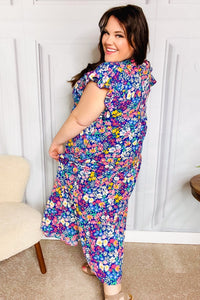 Just A Dream Floral Smocked Ruffle Sleeve Maxi Dress in Navy