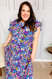 Just A Dream Floral Smocked Ruffle Sleeve Maxi Dress in Navy