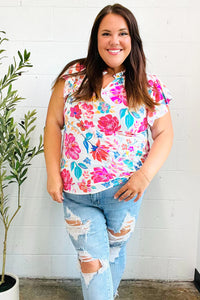 Hello Beautiful Ivory Floral Sequin Print Frill Notch Neck Top