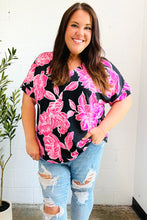 Load image into Gallery viewer, Tropical Vibes Black &amp; Hot Pink Floral V Neck Top
