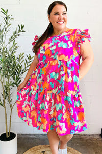 Look of Love Fuchsia Abstract Floral Print Smocked Ruffle Sleeve Dress