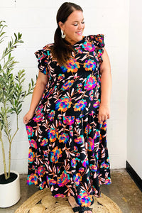 Just A Dream Black Floral Print Smocked Ruffle Sleeve Maxi Dress