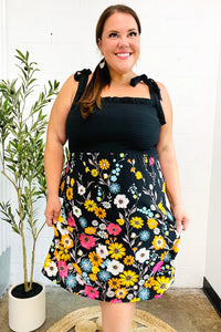Give Your All Black Smocked Shoulder Tie Floral Print Dress