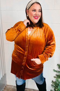 Comfy Glam Velvet Button Down Tunic Top in Rust
