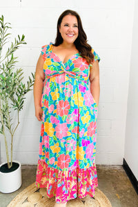 Vacay Vibes Blue Floral Print Sweetheart Twisted Neckline Maxi Dress