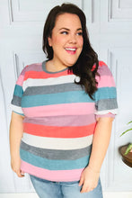 Load image into Gallery viewer, Look Out Teal &amp; Rose Striped Hacci Knit Puff Sleeve Top
