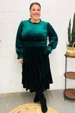 Load image into Gallery viewer, Holiday Dreaming Velvet Mock Neck Smocked Waist Dress in Hunter Green
