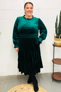 Holiday Dreaming Velvet Mock Neck Smocked Waist Dress in Hunter Green