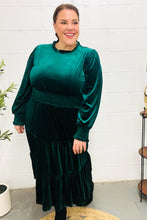 Load image into Gallery viewer, Holiday Dreaming Velvet Mock Neck Smocked Waist Dress in Hunter Green
