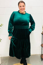 Load image into Gallery viewer, Holiday Dreaming Velvet Mock Neck Smocked Waist Dress in Hunter Green
