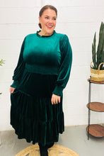 Load image into Gallery viewer, Holiday Dreaming Velvet Mock Neck Smocked Waist Dress in Hunter Green
