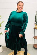 Load image into Gallery viewer, Holiday Dreaming Velvet Mock Neck Smocked Waist Dress in Hunter Green
