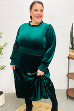 Load image into Gallery viewer, Holiday Dreaming Velvet Mock Neck Smocked Waist Dress in Hunter Green
