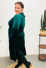 Load image into Gallery viewer, Holiday Dreaming Velvet Mock Neck Smocked Waist Dress in Hunter Green
