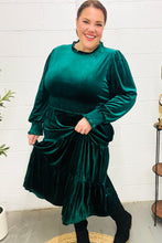 Load image into Gallery viewer, Holiday Dreaming Velvet Mock Neck Smocked Waist Dress in Hunter Green
