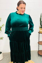 Load image into Gallery viewer, Holiday Dreaming Velvet Mock Neck Smocked Waist Dress in Hunter Green
