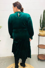 Load image into Gallery viewer, Holiday Dreaming Velvet Mock Neck Smocked Waist Dress in Hunter Green
