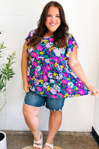 Perfectly You Navy & Lilac Floral Print Ruffle Sleeve Babydoll Top