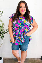 Load image into Gallery viewer, Perfectly You Navy &amp; Lilac Floral Print Ruffle Sleeve Babydoll Top
