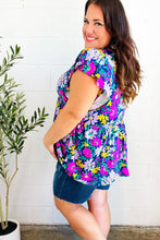 Load image into Gallery viewer, Perfectly You Navy &amp; Lilac Floral Print Ruffle Sleeve Babydoll Top
