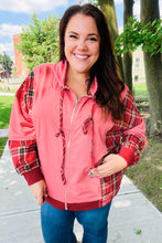 Load image into Gallery viewer, Adorable in Marsala Plaid Color Block Zipper French Terry Hoodie
