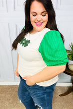 Load image into Gallery viewer, Lucky In Love Sequin Clover Oatmeal Cable Knit Puff Sleeve Top
