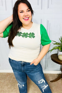 Lucky In Love Sequin Clover Oatmeal Cable Knit Puff Sleeve Top
