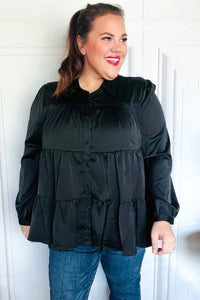 Perfectly You Button Down Tiered Babydoll Satin Top in Black