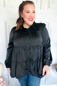 Perfectly You Button Down Tiered Babydoll Satin Top in Black