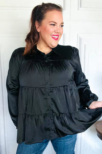 Perfectly You Button Down Tiered Babydoll Satin Top in Black