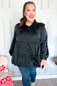 Perfectly You Button Down Tiered Babydoll Satin Top in Black