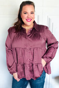 Perfectly You Button Down Tiered Babydoll Satin Top in Burgundy