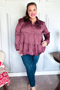 Perfectly You Button Down Tiered Babydoll Satin Top in Burgundy