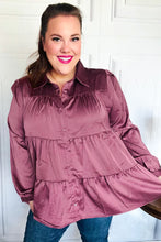 Load image into Gallery viewer, Perfectly You Button Down Tiered Babydoll Satin Top in Burgundy
