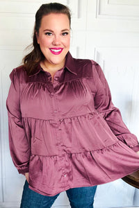 Perfectly You Button Down Tiered Babydoll Satin Top in Burgundy