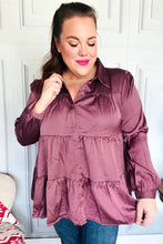 Load image into Gallery viewer, Perfectly You Button Down Tiered Babydoll Satin Top in Burgundy
