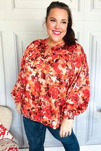 Load image into Gallery viewer, Fall Vibes Rust Floral Print Notched Neck Smocked Satin Top
