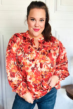 Load image into Gallery viewer, Fall Vibes Rust Floral Print Notched Neck Smocked Satin Top
