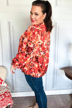 Load image into Gallery viewer, Fall Vibes Rust Floral Print Notched Neck Smocked Satin Top
