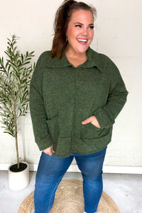 Easy Living Textured Knit Notch Neck Oversized Collar Sweater in Olive