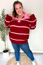 Load image into Gallery viewer, Fall For You Stripe Notched Neck Collared Oversized Sweater in Crimson
