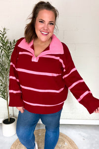 Fall For You Stripe Notched Neck Collared Oversized Sweater in Crimson